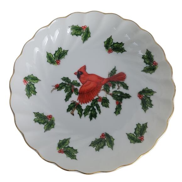 Lefton China Cardinal & Holly Scalloped Candy Dish Bowl 02966 Gold Rim Japan 5" - Picture 1 of 10